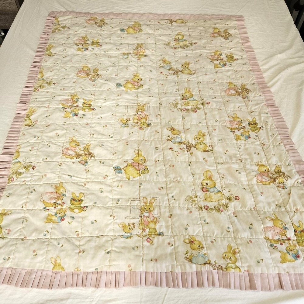 Vint Baby Quilt Blanket Bunny Rabbit Crib Nursery Pink Ruffle Reversible 54x41